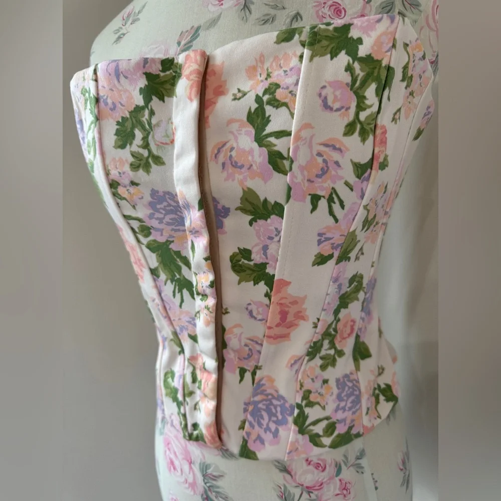 Zara Floral Strapless Corset Top in Pink with Green Accents - Picture 3 of 16